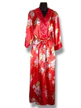 Small Medium Jones New York Coral Orange Red Satin Long Robe Floral Glam Kimono